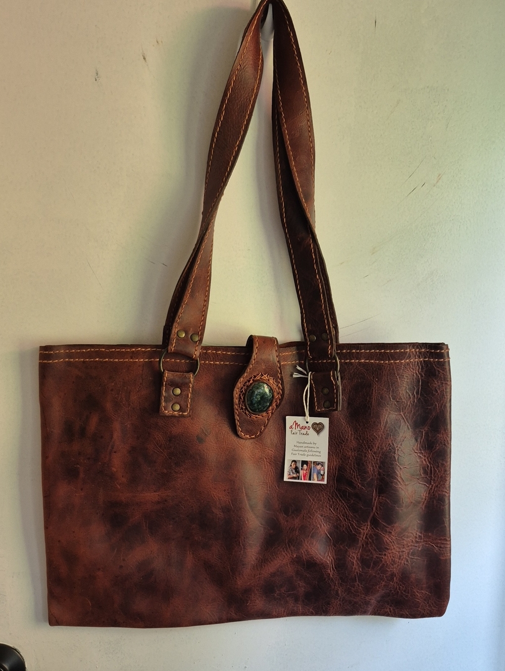 Handcrafted Brown Leather Tote Bag with Stone Accent